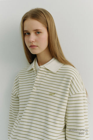 UNISEX STRIPED LOGO COLLARED T-SHIRT OLIVE STRIPE