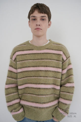 UNISEX STRIPED HAIRY SWEATER OLIVE PINK