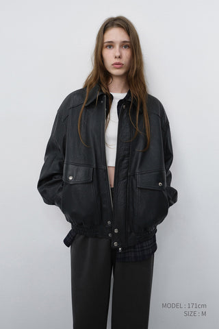 UNISEX OVERSIZED VINTAGE LEATHER BLOUSON BLACK