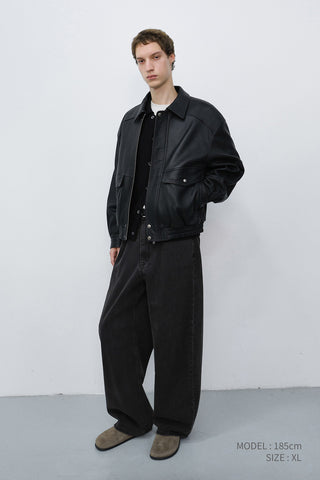 UNISEX OVERSIZED VINTAGE LEATHER BLOUSON BLACK