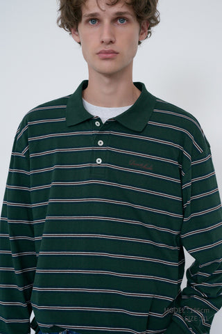UNISEX MULTI STRIPE COLLARED T-SHIRT FOREST GREEN STRIPE