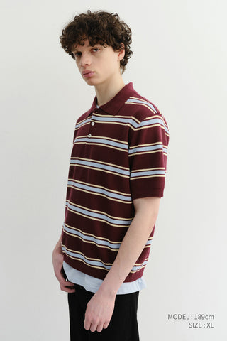 UNISEX MULTI STRIPED POLO KNIT BURGUNDY SKY BLUE