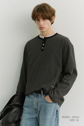 UNISEX HENLEY-NECK T-SHIRT BLACK STRIPE