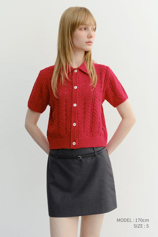 COLLARED HALF SLEEVE CARDIGAN RED