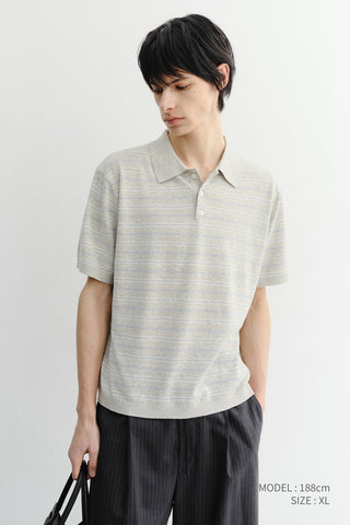 UNISEX STRIPED POLO KNIT GREY SOFT BLUE
