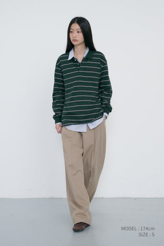 UNISEX MULTI STRIPE COLLARED T-SHIRT FOREST GREEN STRIPE