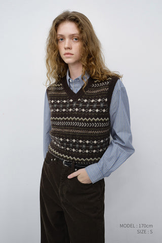UNISEX CRAFTED V-NECK KNIT VEST DEEP BROWN