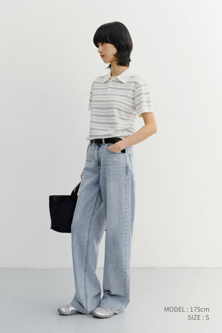 UNISEX STRIPED POLO KNIT WHITE SOFT BLUE