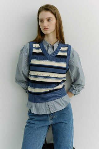 UNISEX CRAFTED STRIPED KNIT VEST BLUE CREAM