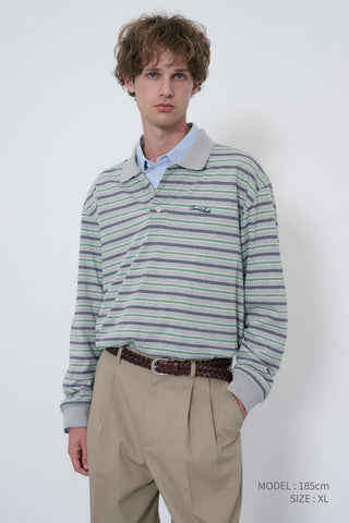 UNISEX MULTI STRIPE COLLARED T-SHIRT MELANGE GREY STRIPE
