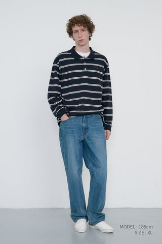 UNISEX MULTI STRIPE COLLARED T-SHIRT NAVY STRIPE