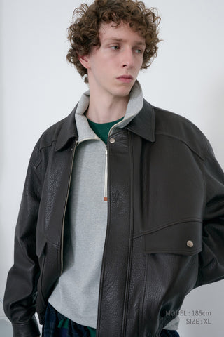 UNISEX LEATHER LOGO HALF ZIP-UP SWEATSHIRT MELANGE GREY