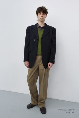 UNISEX REFINED MASCULINE WOOL BLAZER NAVY STRIPE