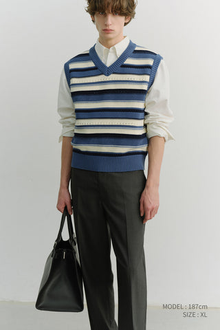 UNISEX CRAFTED STRIPED KNIT VEST BLUE CREAM