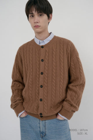 UNISEX HAIRY CABLE CREW NECK CARDIGAN CAMEL
