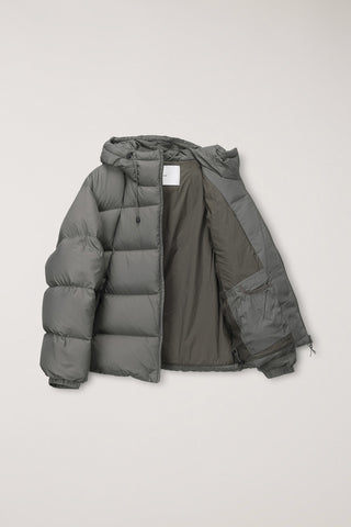 UNISEX HOODED VOLUME GOOSE DOWN JACKET GREYISH KHAKI