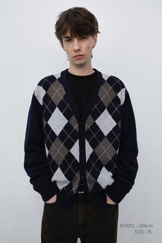 UNISEX V-NECK ARGYLE CARDIGAN NAVY