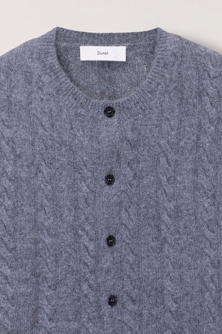 UNISEX HAIRY CABLE CREW NECK CARDIGAN MELANGE GREY
