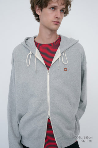 UNISEX LEATHER LOGO ZIP-UP HOODIE MELANGE GREY