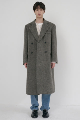 UNISEX LOOSE DOUBLE-BREASTED COAT GREY HERRINGBONE