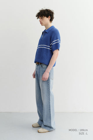 HALF ZIP-UP STRIPED POLO KNIT BLUE