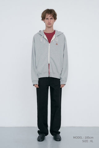 UNISEX LEATHER LOGO ZIP-UP HOODIE MELANGE GREY