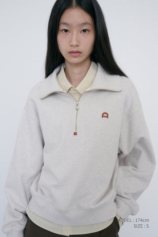 UNISEX LEATHER LOGO HALF ZIP-UP SWEATSHIRT OATMEAL MELANGE