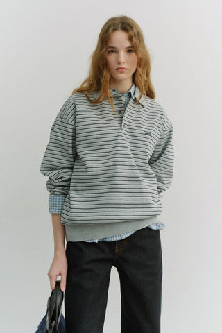 UNISEX STRIPED LOGO COLLARED T-SHIRT GREY