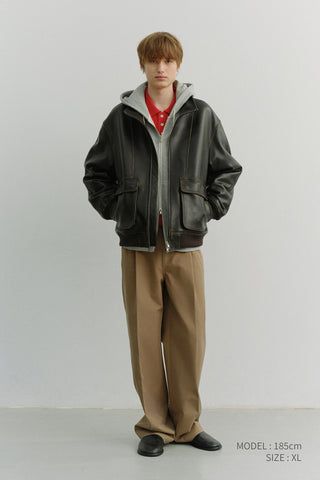 UNISEX STAND COLLARED LEATHER BLOUSON BRUSHED BLACK