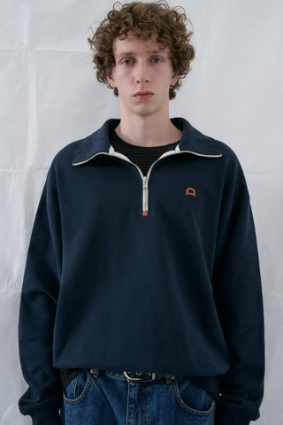 UNISEX LEATHER LOGO HALF ZIP-UP SWEATSHIRT FRENCH NAVY