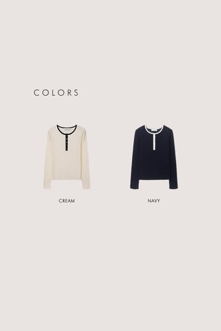 BUTTONED ROUND-NECK KNIT TOP NAVY