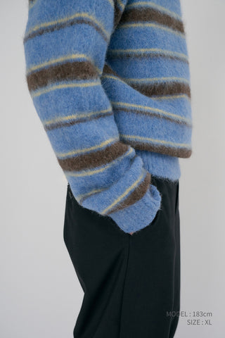 UNISEX STRIPED HAIRY SWEATER SOFT BLUE DEEP BROWN