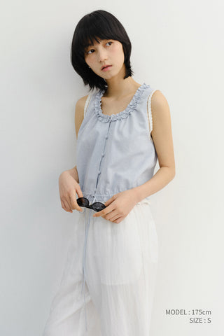 FRILL SLEEVELESS BLOUSE SOFT BLUE CHECK