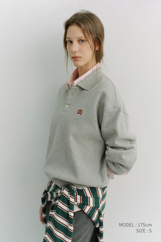 UNISEX LEATHER LOGO COLLARED T-SHIRT MELANGE GREY