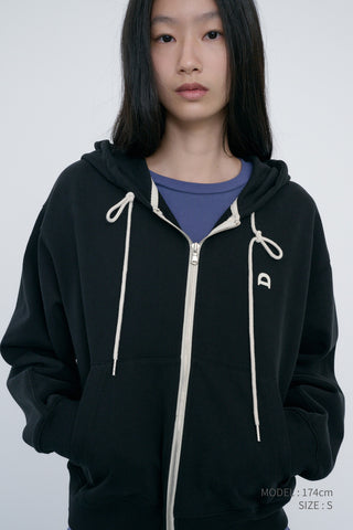 UNISEX LEATHER LOGO ZIP-UP HOODIE BLACK