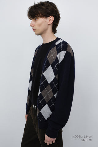 UNISEX V-NECK ARGYLE CARDIGAN NAVY