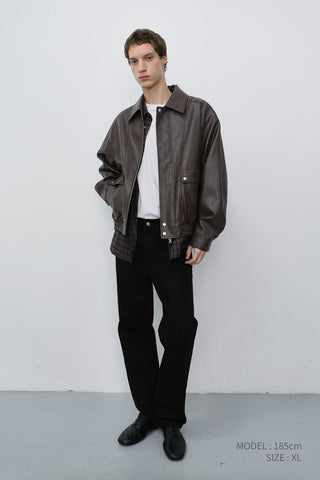 UNISEX ALTER-LEATHER ZIP-UP BLOUSON DARK BROWN