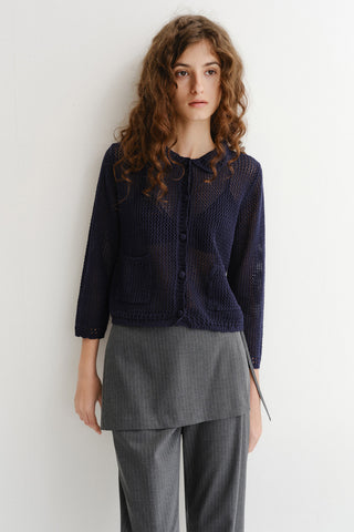 CROCHET COLLARED CARDIGAN NAVY
