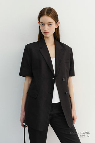 HALF SLEEVE BELTED LINEN JACKET BLACK
