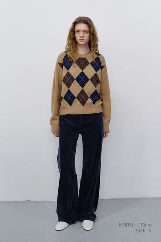 UNISEX ARGYLE CREWNECK SWEATER CAMEL BEIGE