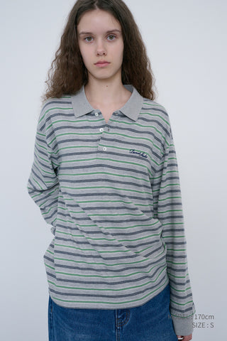 UNISEX MULTI STRIPE COLLARED T-SHIRT MELANGE GREY STRIPE