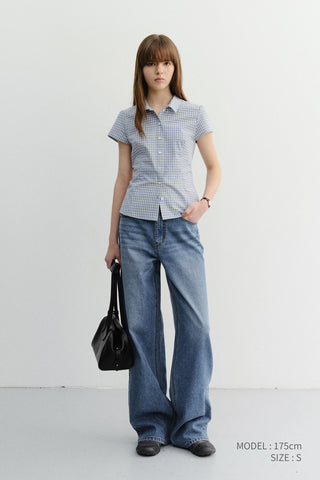 VINTAGE CAP SLEEVE SLIM SHIRT SOFT BLUE CHECK