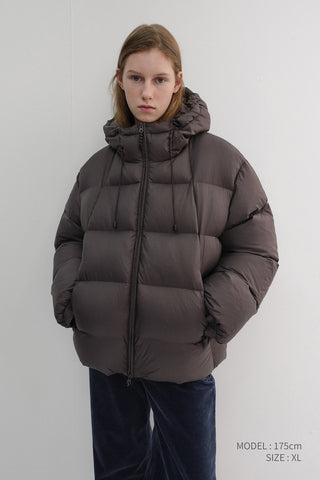 UNISEX HOODED VOLUME GOOSE DOWN JACKET DARK BROWN