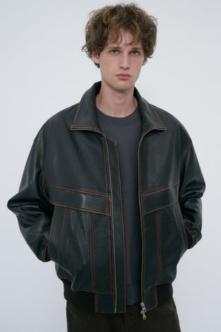 UNISEX STAND COLLARED LEATHER BLOUSON BRUSHED BROWN