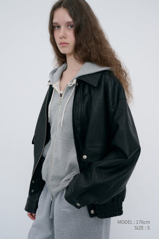UNISEX LEATHER LOGO ZIP-UP HOODIE MELANGE GREY