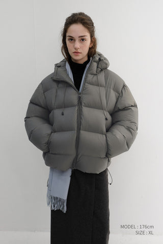 UNISEX HOODED VOLUME GOOSE DOWN JACKET GREYISH KHAKI