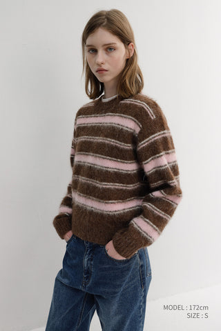 UNISEX STRIPED HAIRY SWEATER BROWN PINK