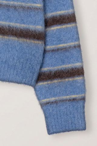 UNISEX STRIPED HAIRY SWEATER SOFT BLUE DEEP BROWN