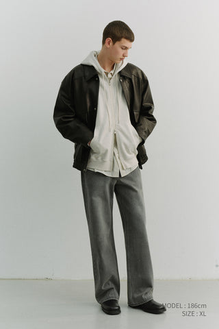 UNISEX LEATHER LOGO ZIP-UP HOODIE OATMEAL MELANGE