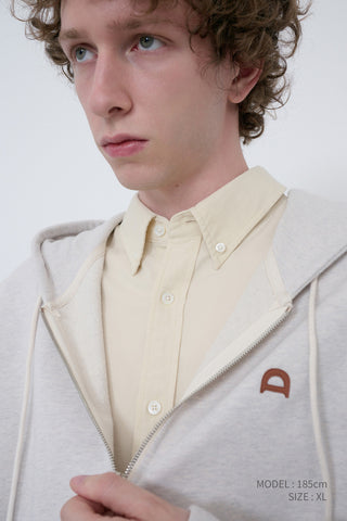 UNISEX LEATHER LOGO ZIP-UP HOODIE OATMEAL MELANGE